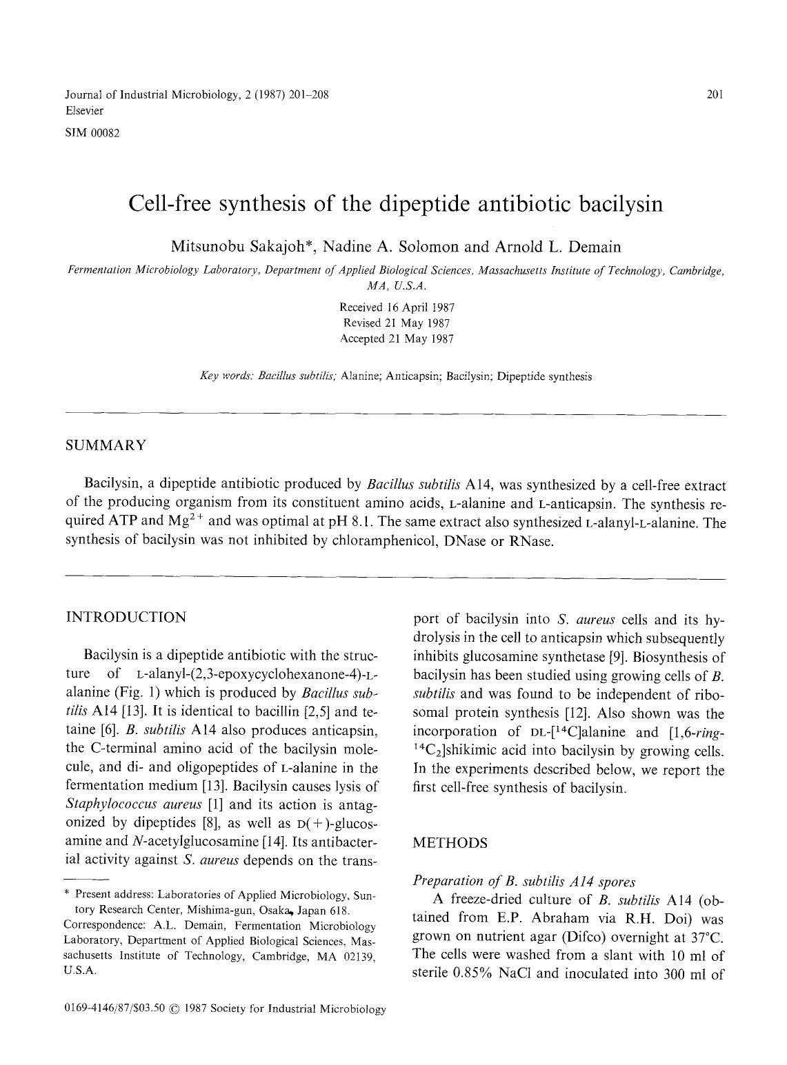 Cell-free synthesis of the dipeptide antibiotic bacilysin by Unknown