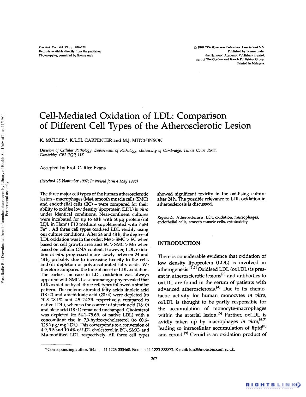 Cell-mediated oxidation of LDL: Comparison of different cell types of the atherosclerotic lesion by K. Müller K.L.H. Carpenter & M.J. Mitchinson