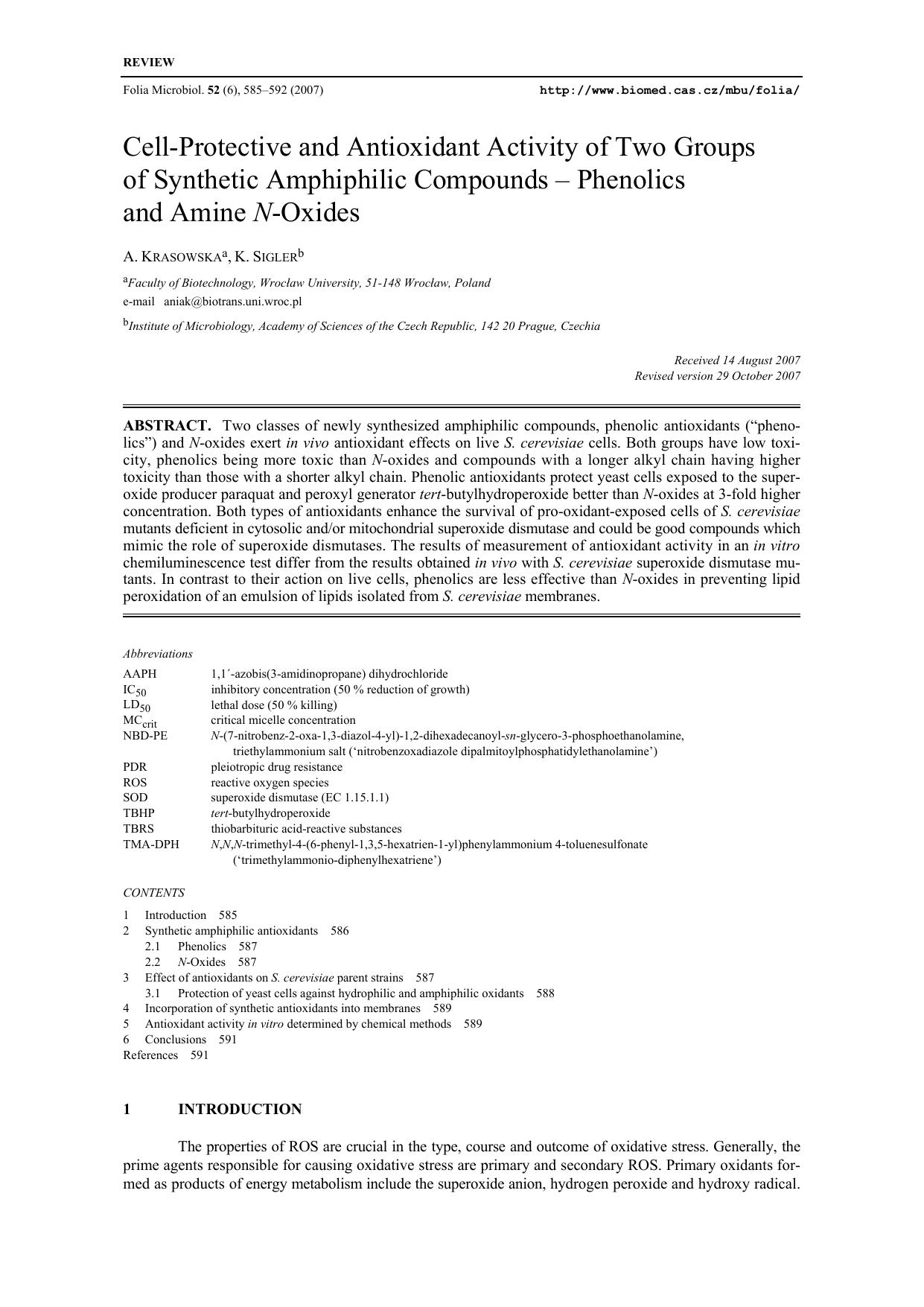 Cell-protective and antioxidant activity of two groups of synthetic amphiphilic compounds &#x2014; Phenolics and amine <Emphasis Type="Italic">N <Emphasis>-oxides by Unknown