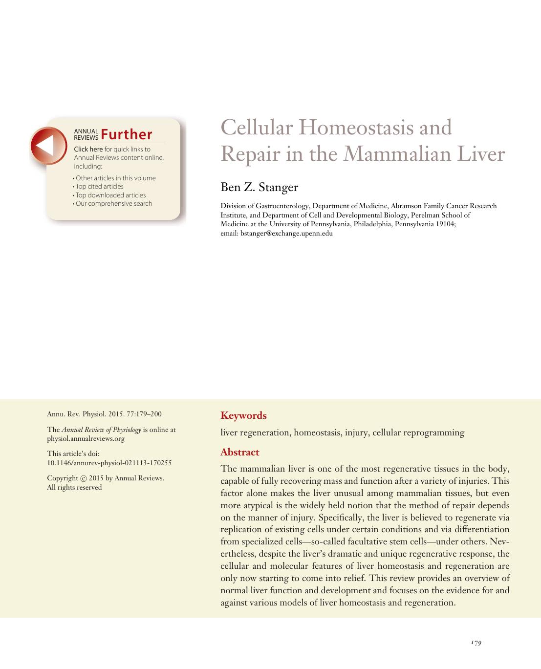 Cellular Homeostasis and Repair in the Mammalian Liver by Ben Z. Stanger