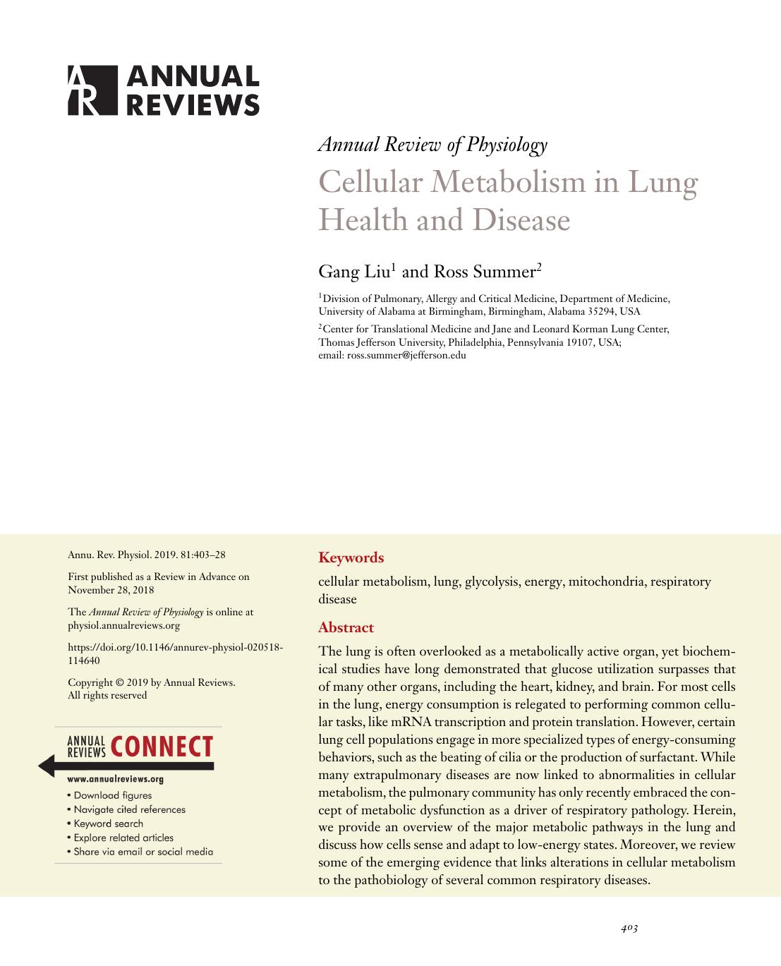 Cellular Metabolism in Lung Health and Disease by Gang Liu and Ross Summer