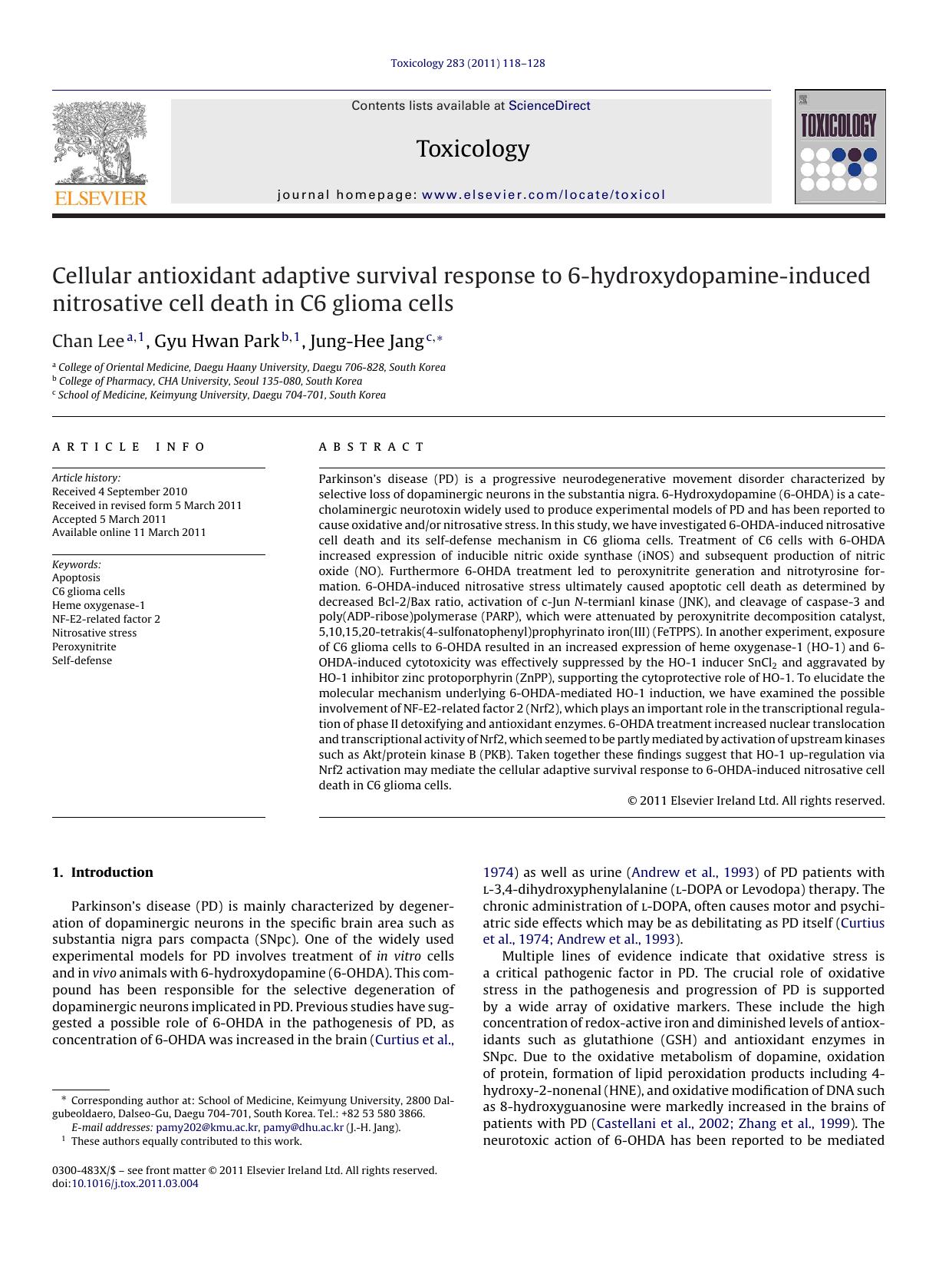 Cellular antioxidant adaptive survival response to 6-hydroxydopamine-induced nitrosative cell death in C6 glioma cells by Chan Lee