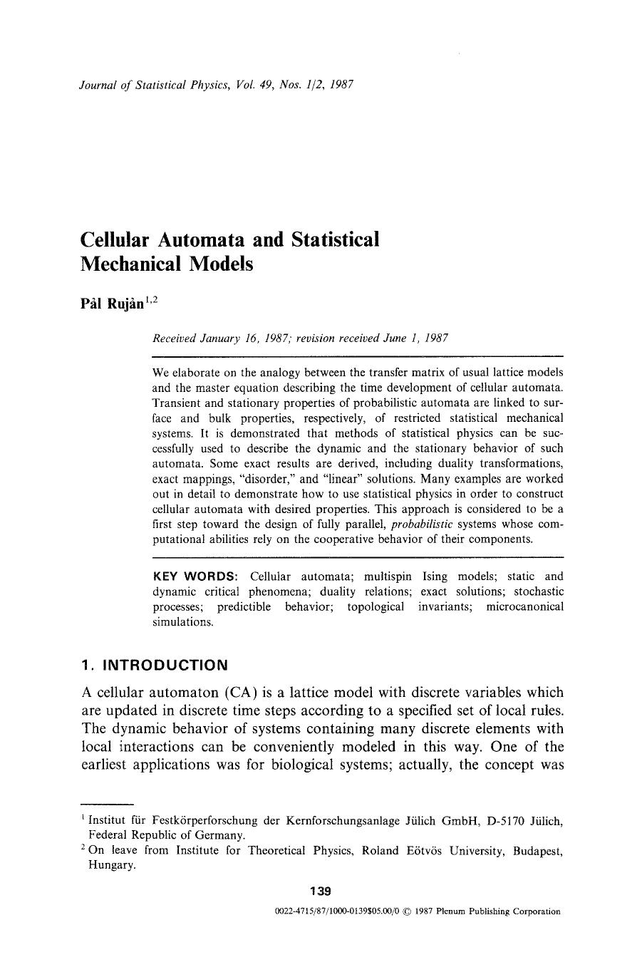 Cellular automata and statistical mechanical models by Unknown
