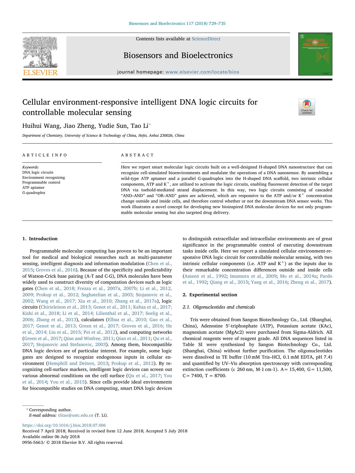 Cellular environment-responsive intelligent DNA logic circuits for controllable molecular sensing by Huihui Wang & Jiao Zheng & Yudie Sun & Tao Li