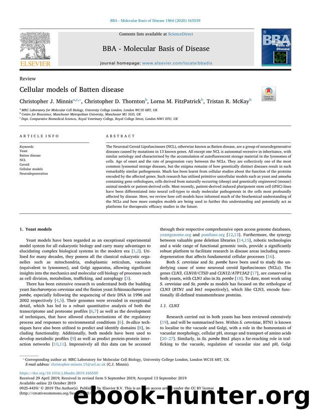 Cellular models of Batten disease by Christopher J. Minnis & Christopher D. Thornton & Lorna M. FitzPatrick & Tristan R. McKay