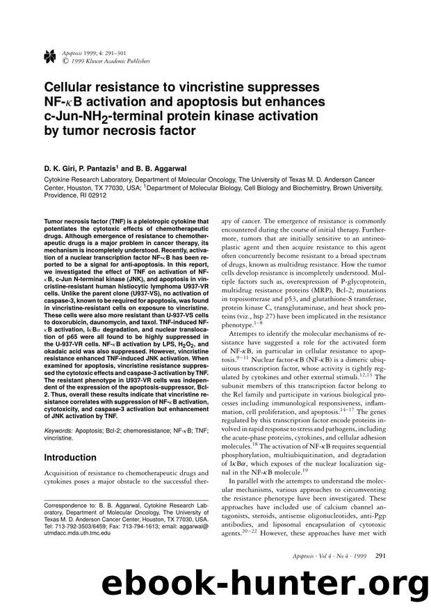 Cellular resistance to vincristine suppresses NF-&#x03BA;B activation and apoptosis but enhances c-Jun-NH2-terminal protein kinase activation by tumor necrosis factor by Unknown