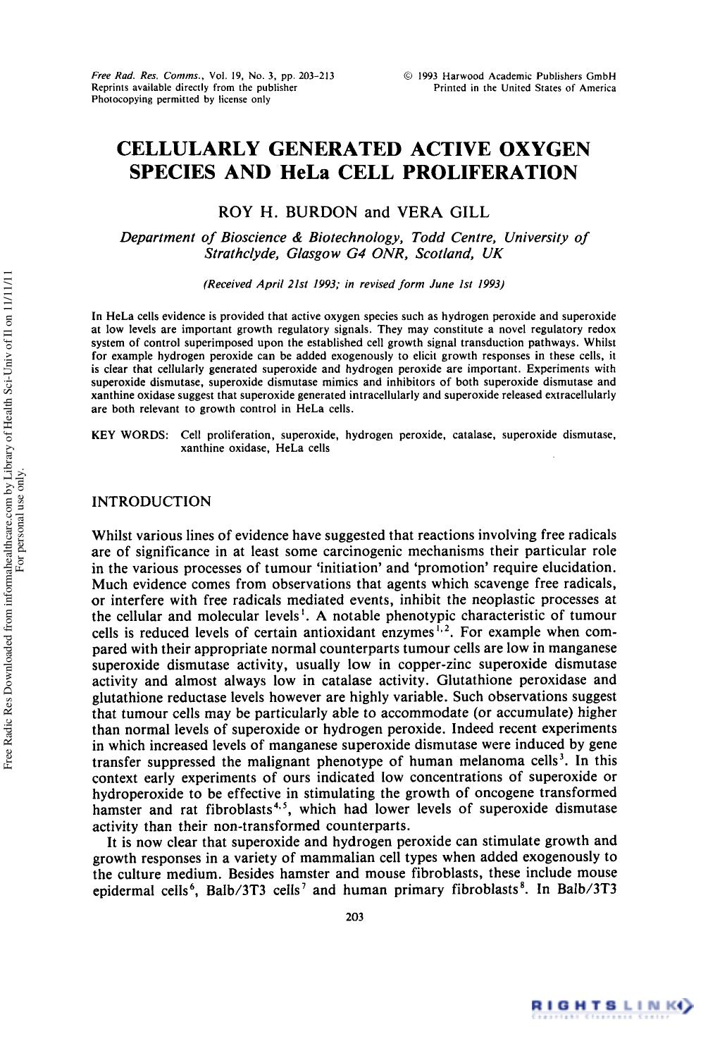 Cellularly Generated Active Oxygen Species and Hela Cell Proliferation by Roy H. Burdon1 & Vera Gill1