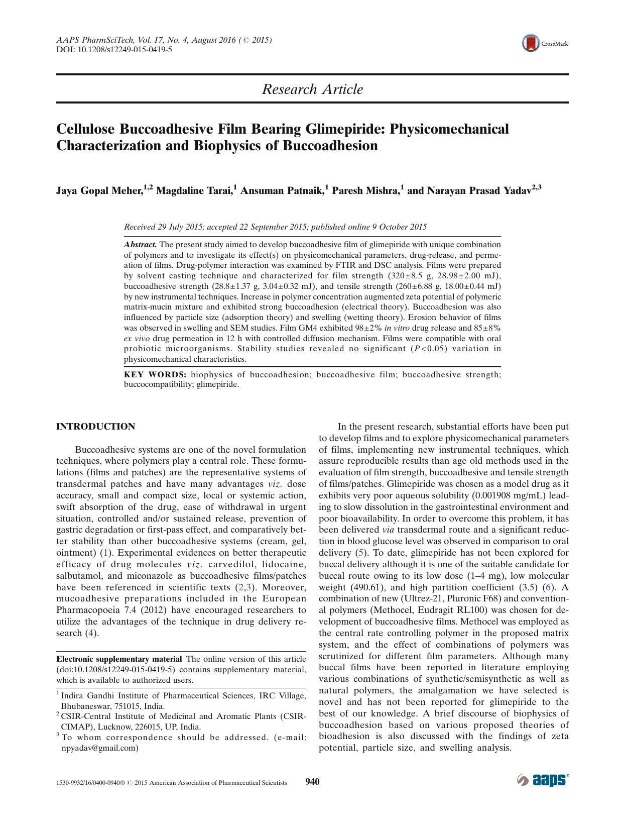 Cellulose Buccoadhesive Film Bearing Glimepiride: Physicomechanical Characterization and Biophysics of Buccoadhesion by Jaya Gopal Meher & Magdaline Tarai & Ansuman Patnaik & Paresh Mishra & Narayan Prasad Yadav