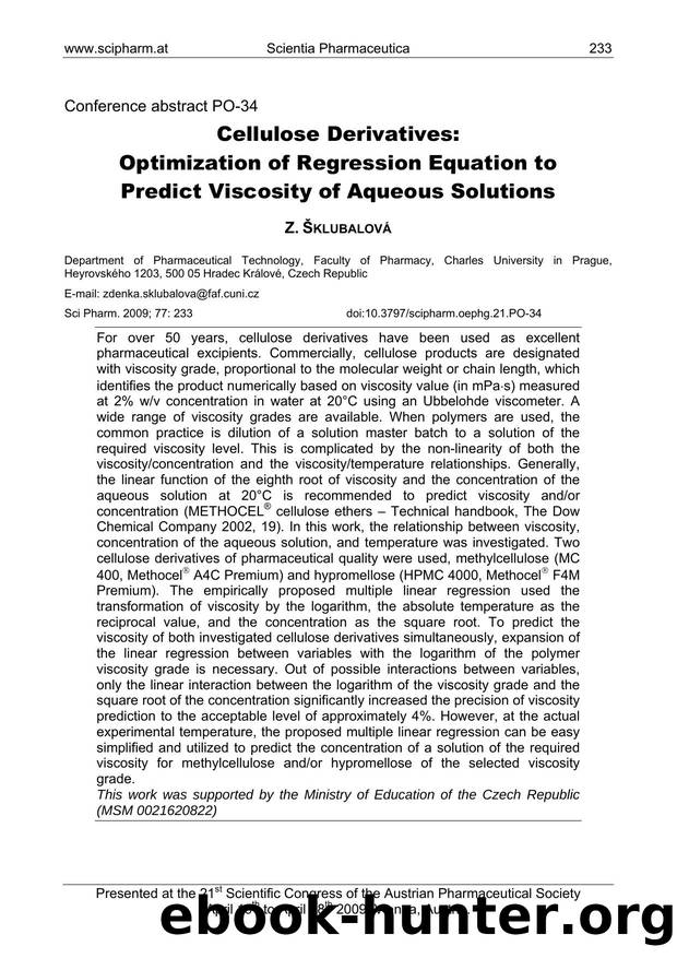 Cellulose Derivatives: Optimization of Regression Equation to Predict Viscosity of Aqueous Solutions by Z. ŠKLUBALOVÁ