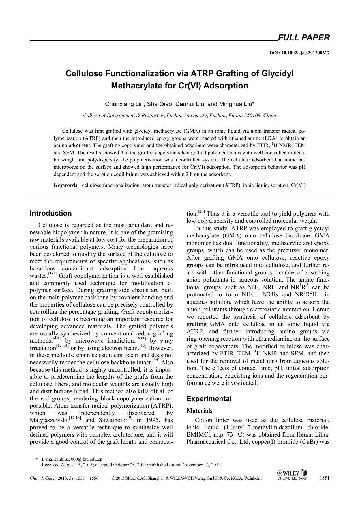 Cellulose Functionalization via ATRP Grafting of Glycidyl Methacrylate for Cr(VI) Adsorption by Administrator