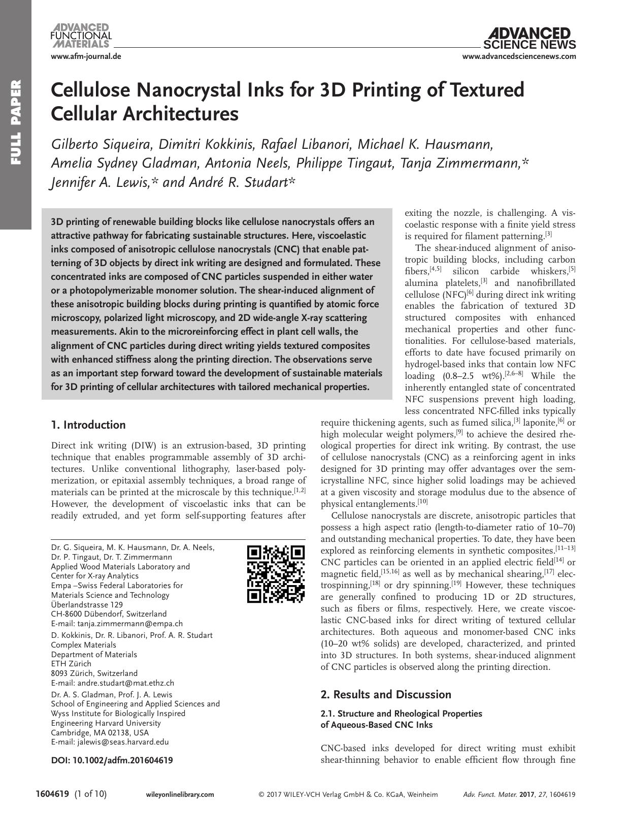 Cellulose Nanocrystal Inks for 3D Printing of Textured Cellular Architectures by Unknown