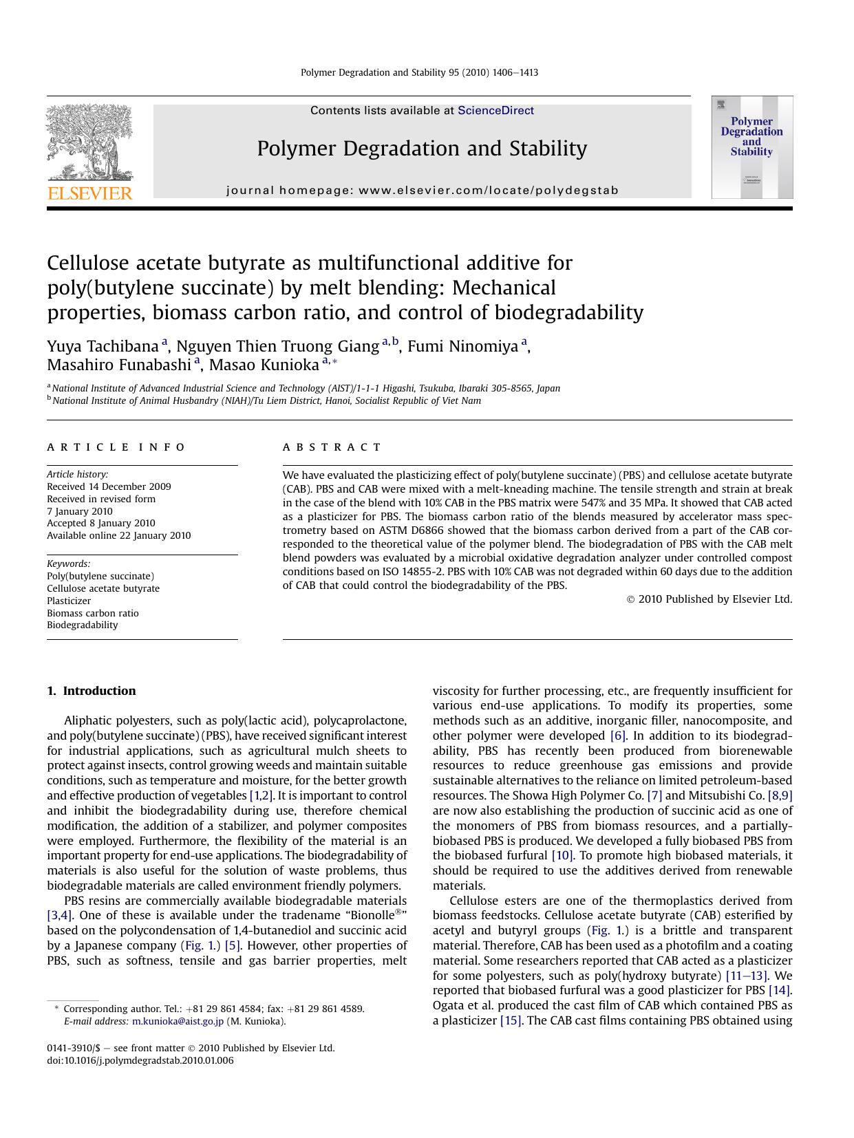 Cellulose acetate butyrate as multifunctional additive for poly(butylene succinate) by melt blending: Mechanical properties, biomass carbon ratio, and control of biodegradability by Yuya Tachibana & Nguyen Thien Truong Giang & Fumi Ninomiya & Masahiro Funabashi & Masao Kunioka