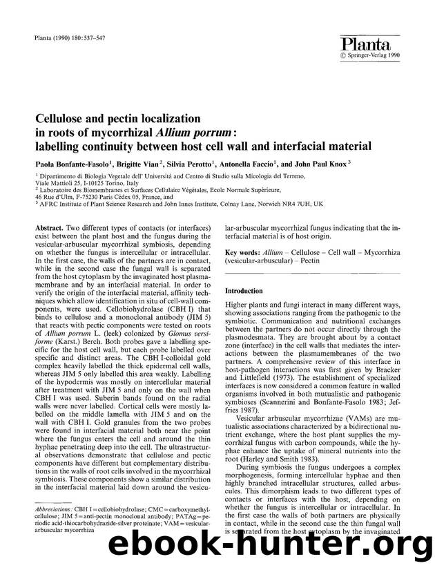 Cellulose and pectin localization in roots of mycorrhizal <Emphasis Type="Italic">Allium porrum <Emphasis>: labelling continuity between host cell wall and interfacial material by Unknown