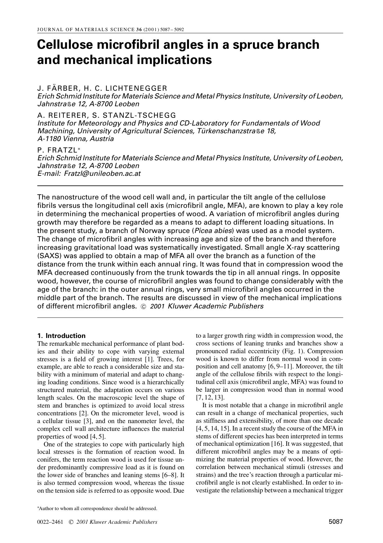 Cellulose microfibril angles in a spruce branch and mechanical implications by Unknown
