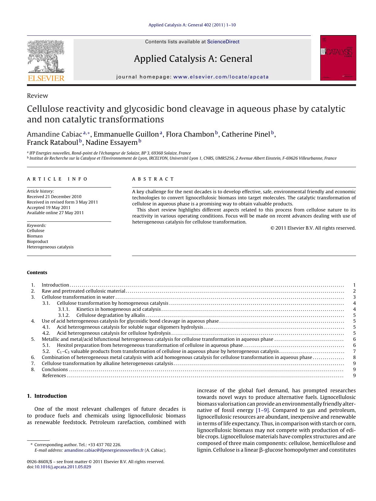Cellulose reactivity and glycosidic bond cleavage in aqueous phase by catalytic and non catalytic transformations by Amandine Cabiac