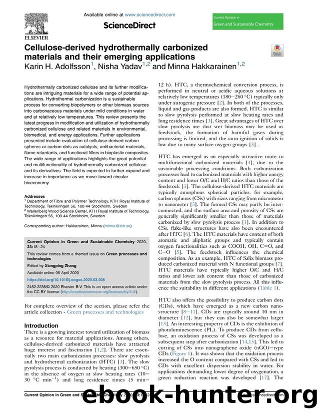 Cellulose-derived hydrothermally carbonized materials and their emerging applications by Karin H. Adolfsson & Nisha Yadav & Minna Hakkarainen