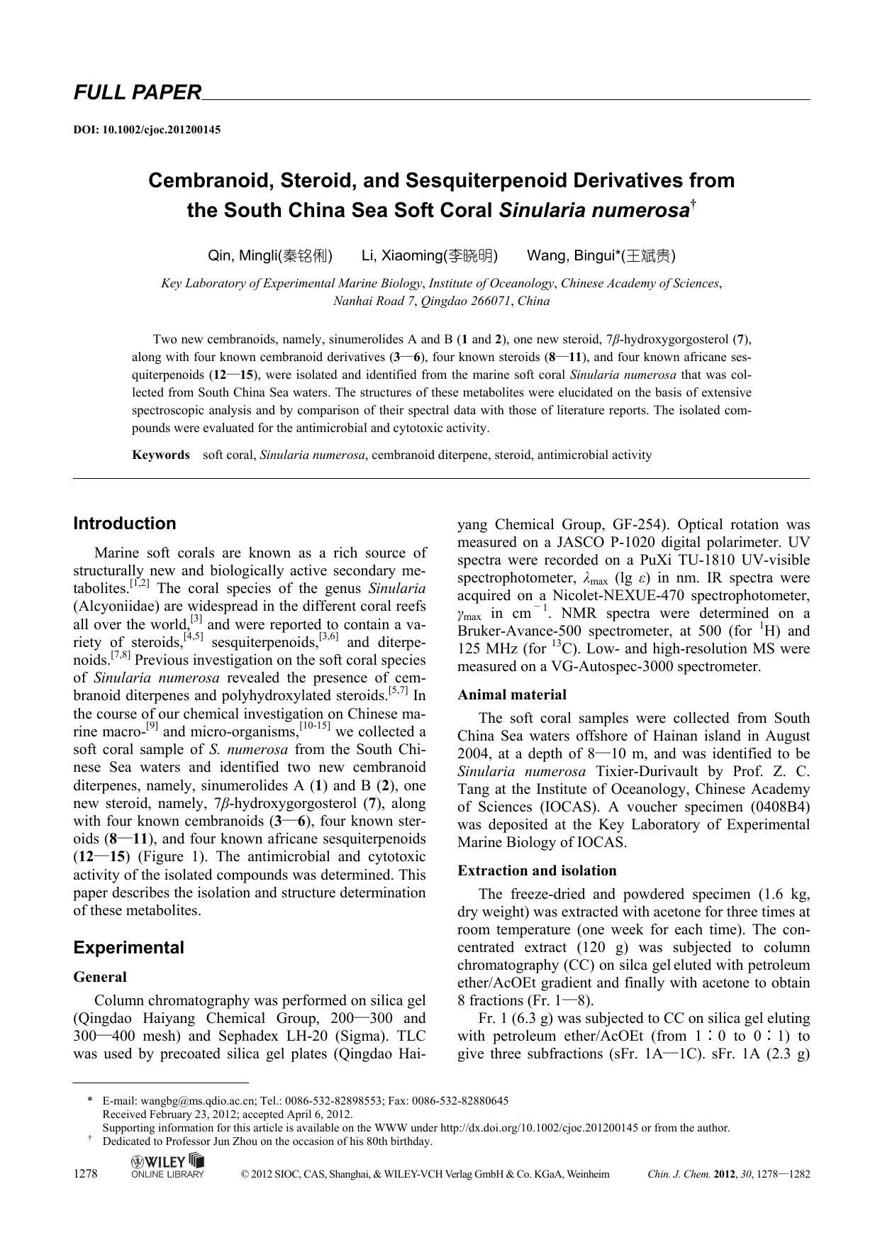 Cembranoid, Steroid, and Sesquiterpenoid Derivatives from the South China Sea Soft Coral Sinularia numerosa by uy