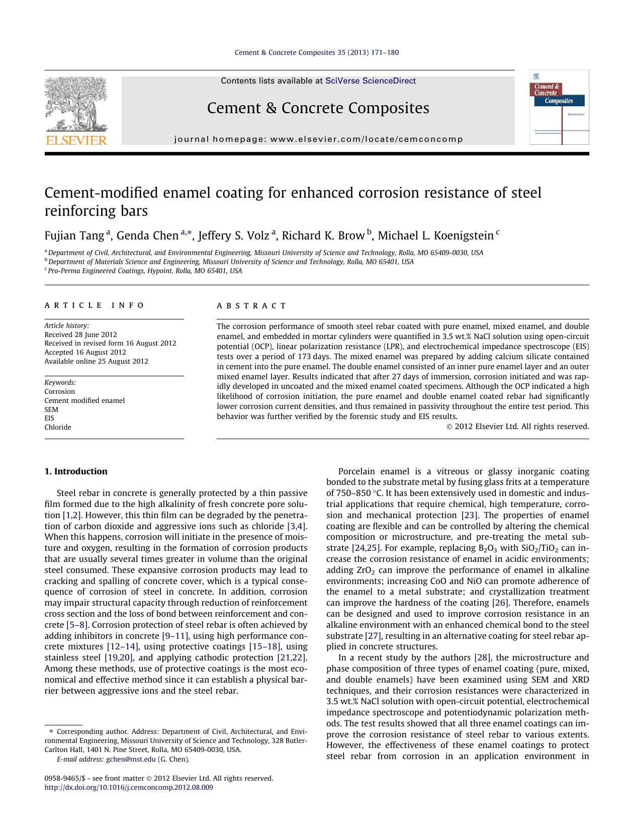 Cement-modified enamel coating for enhanced corrosion resistance of steel reinforcing bars by Fujian Tang & Genda Chen & Jeffery S. Volz & Richard K. Brow & Michael L. Koenigstein