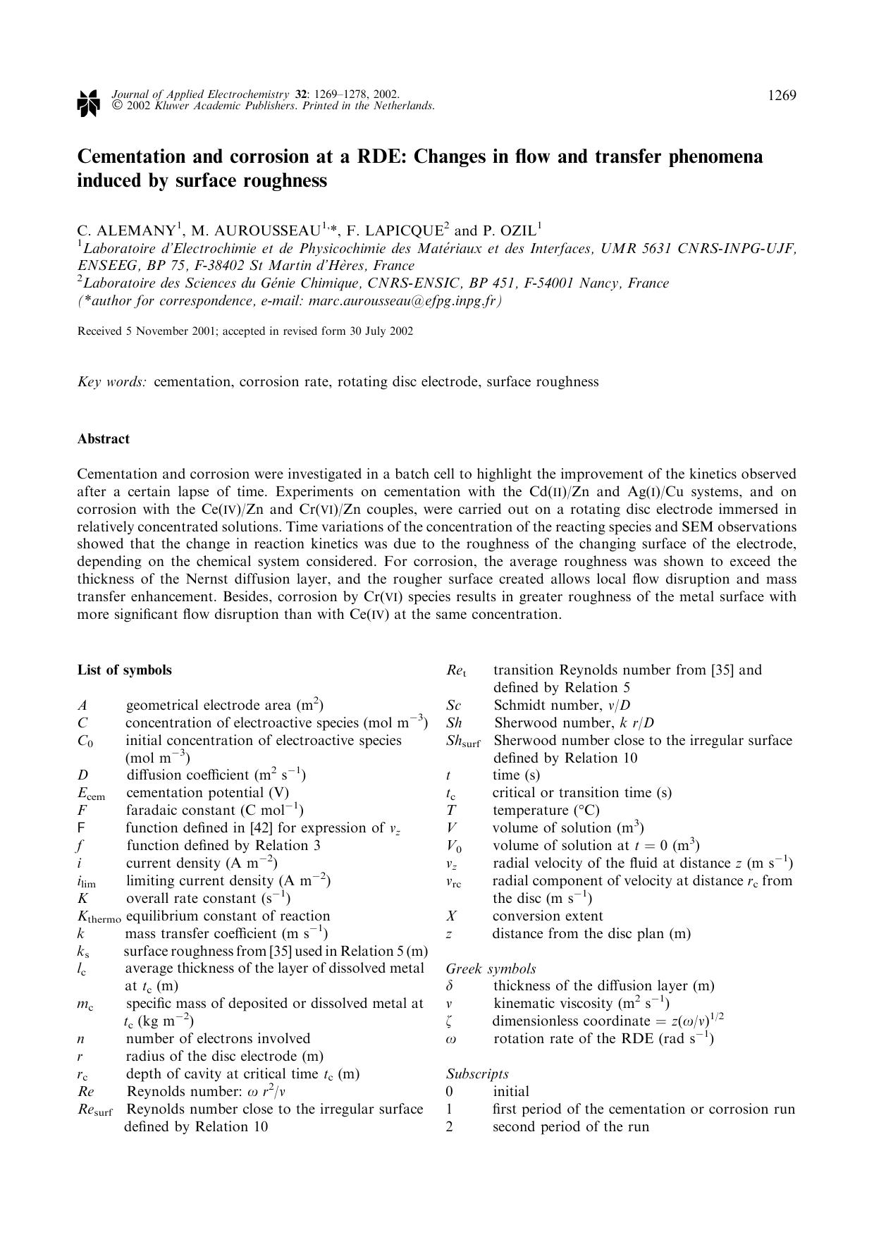 Cementation and corrosion at a RDE: Changes in flow and transfer phenomena induced by surface roughness by Unknown