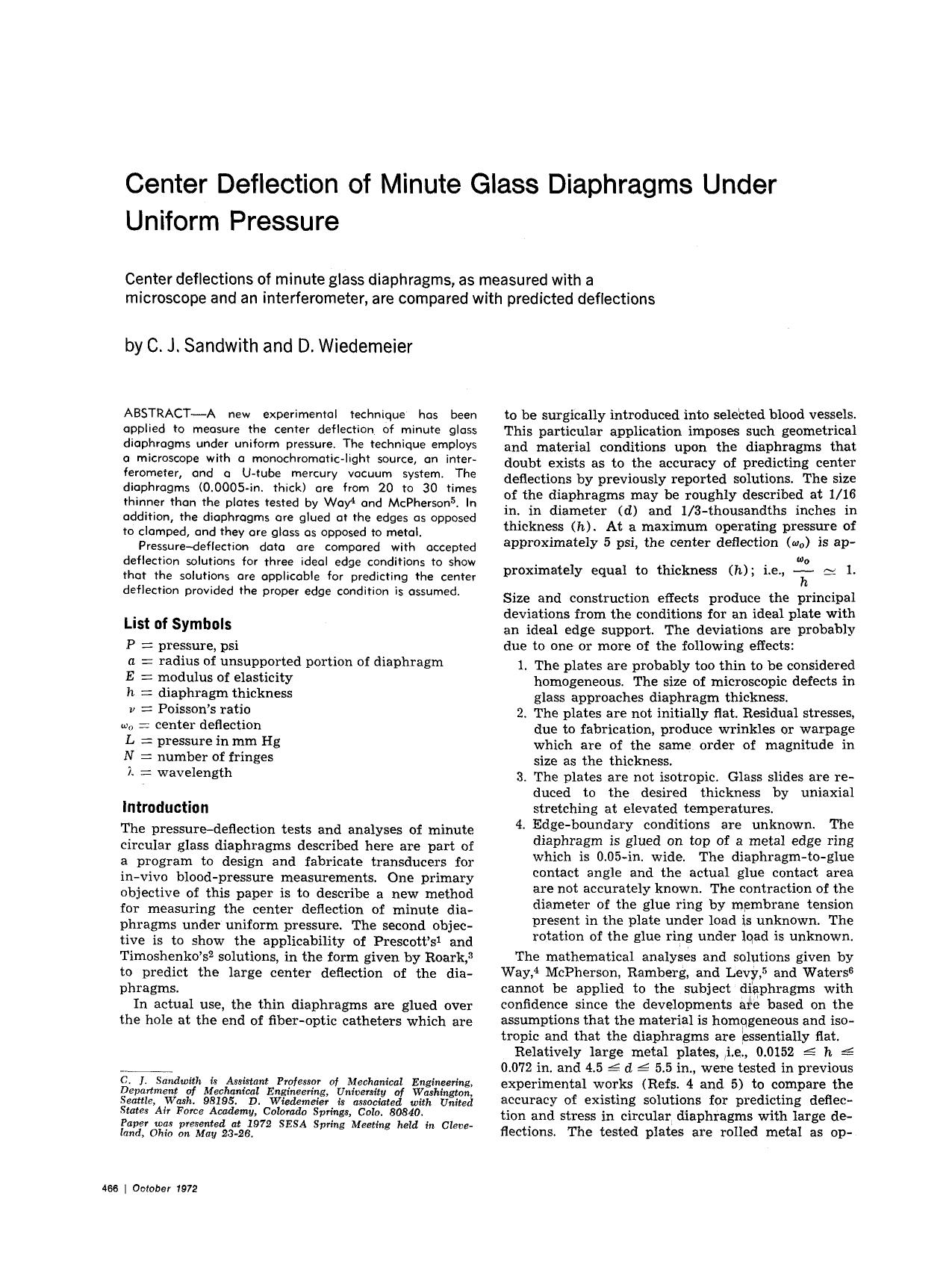 Center deflection of minute glass diaphragms under uniform pressure by Unknown