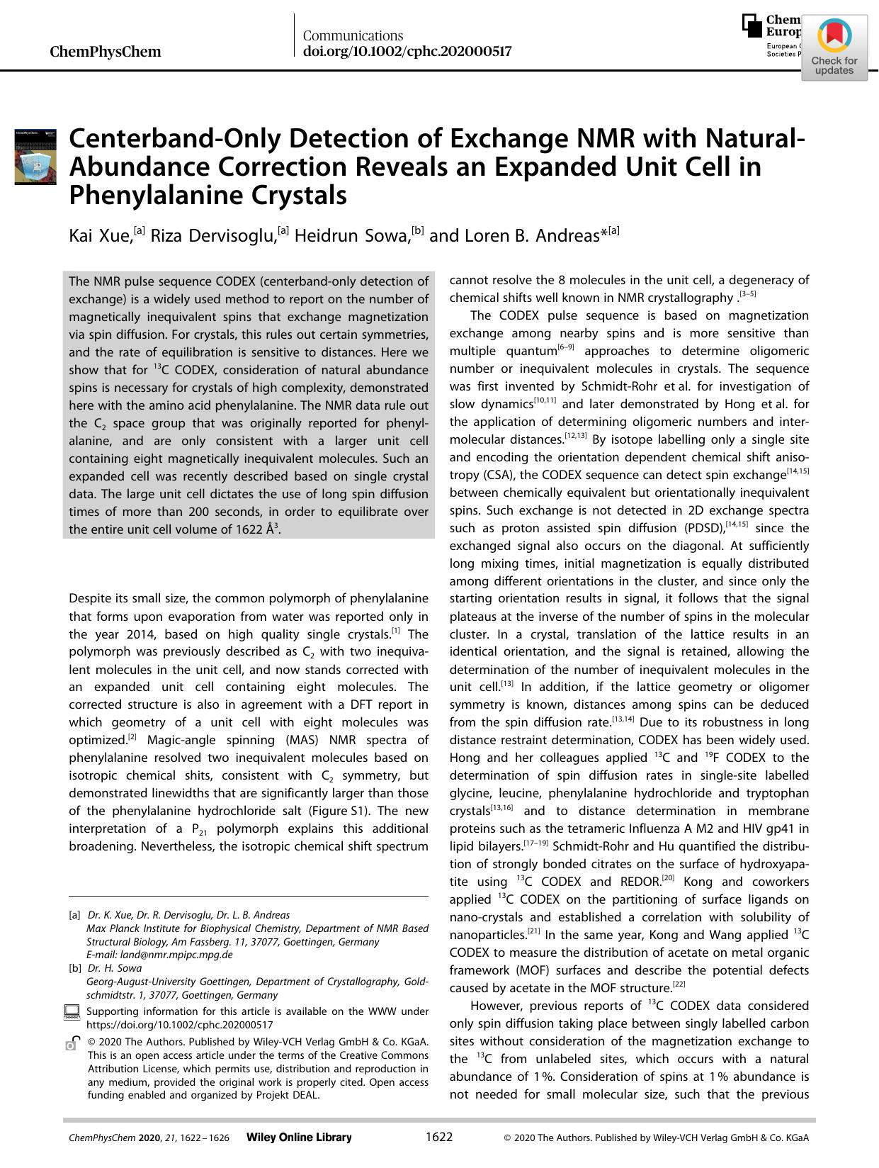 CenterbandâOnly Detection of Exchange NMR with NaturalâAbundance Correction Reveals an Expanded Unit Cell in Phenylalanine Crystals by Unknown