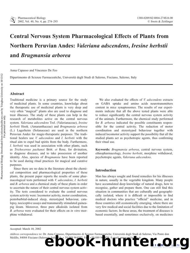 Central Nervous System Pharmacological Effects of Plants from Northern Peruvian Andes: Valeriana adscendens, Iresine herbstii and Brugmansia arborea by Anna Capasso & Vincenzo De Feo