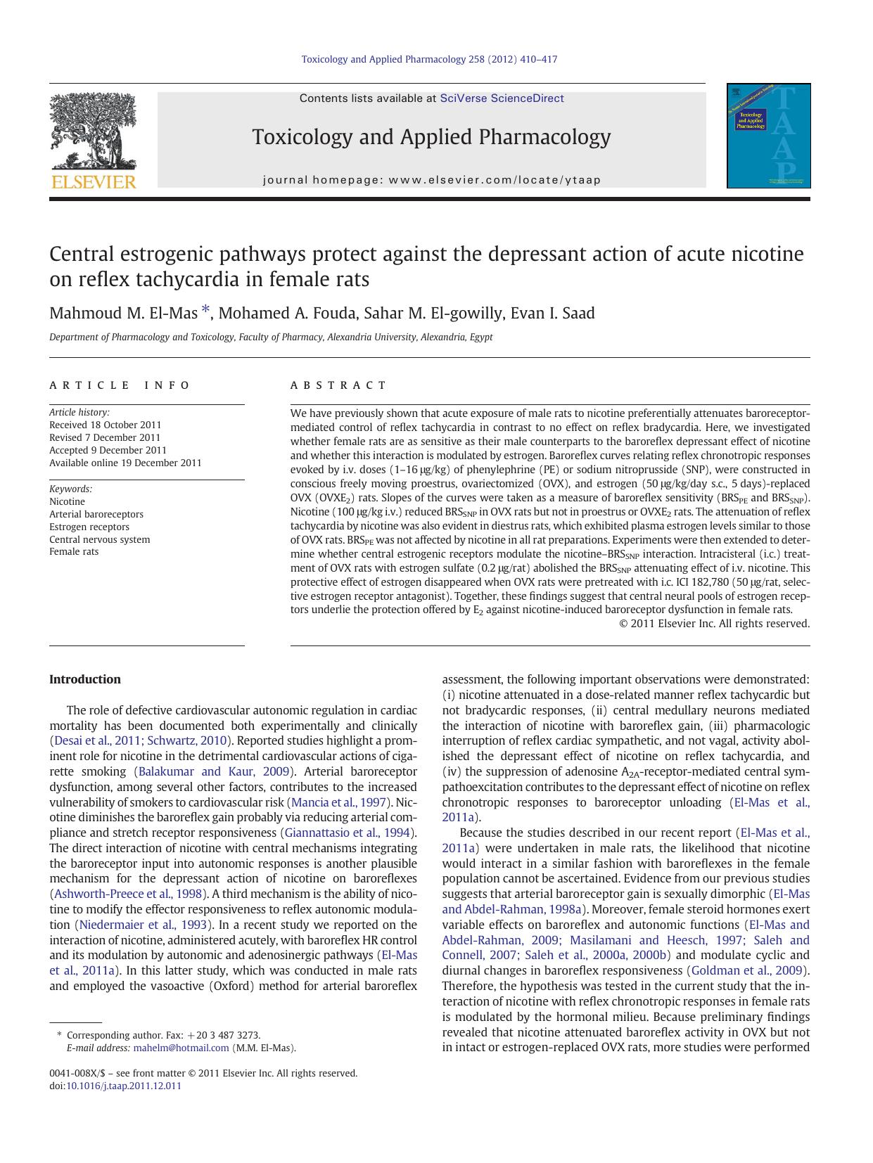 Central estrogenic pathways protect against the depressant action of acute nicotine on reflex tachycardia in female rats by Mahmoud M. El-Mas & Mohamed A. Fouda & Sahar M. El-gowilly & Evan I. Saad