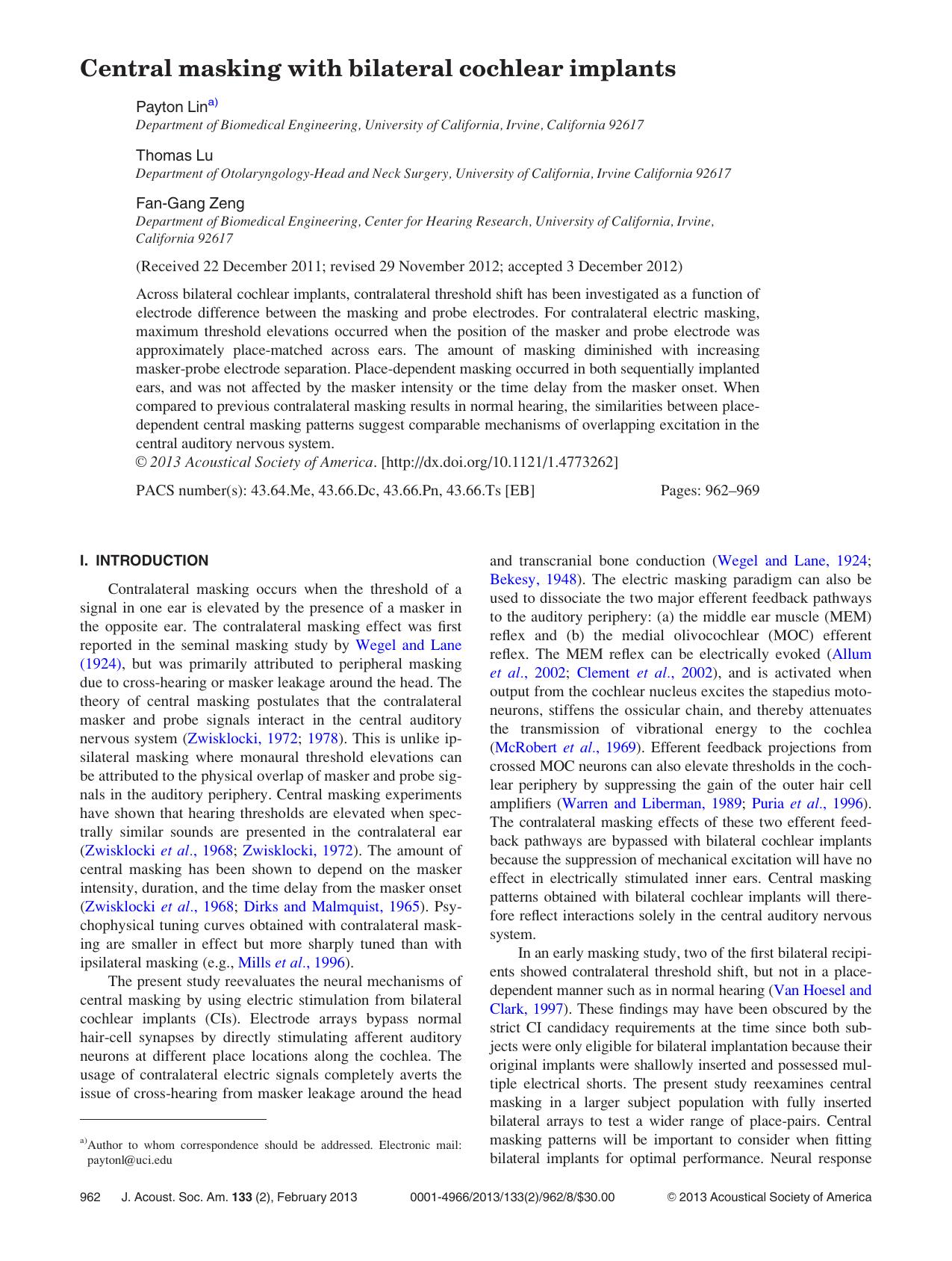 Central masking with bilateral cochlear implants by Payton Lina) Thomas Lu and Fan-Gang Zeng