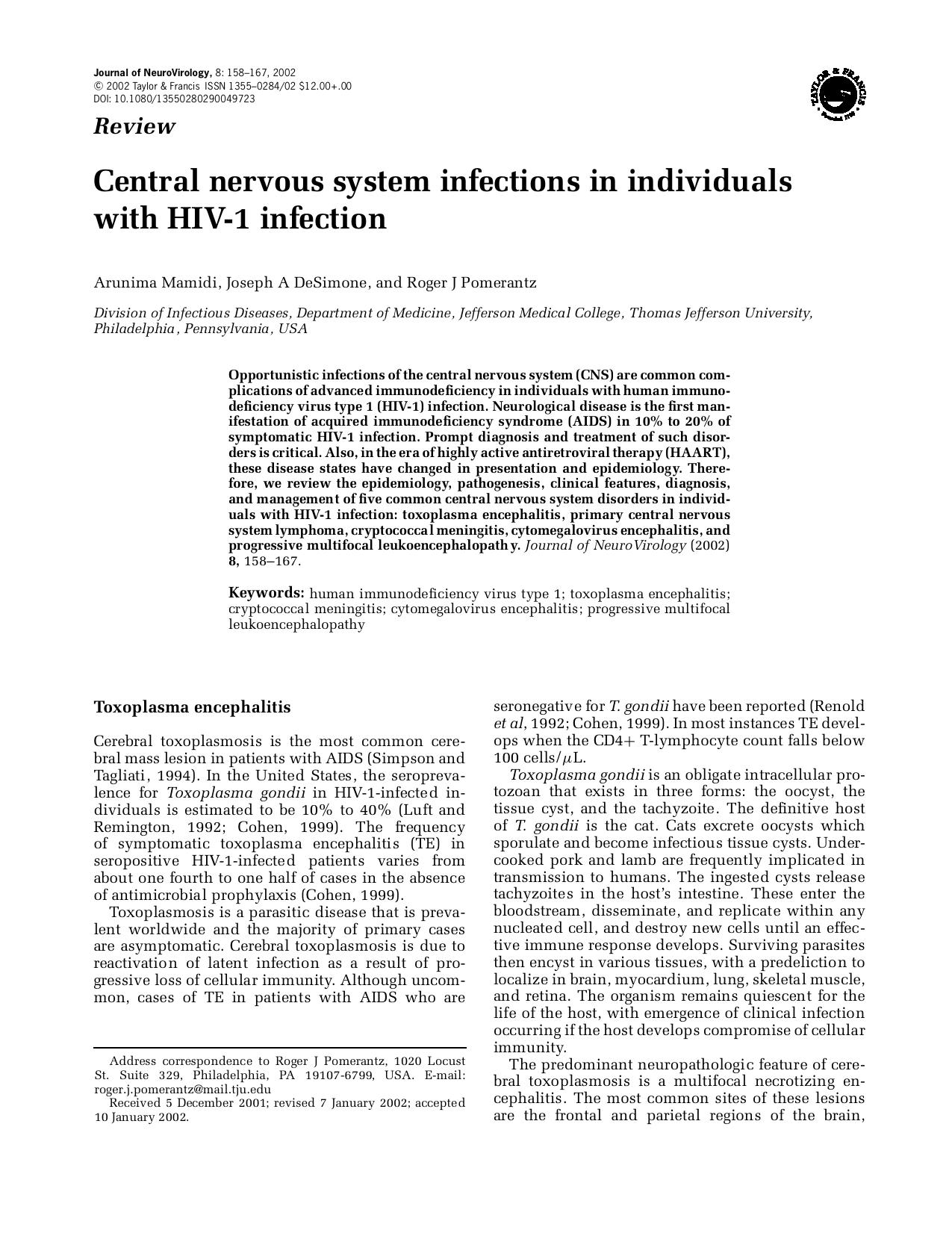 Central nervous system infections in individuals with HIV-1 infection by Unknown