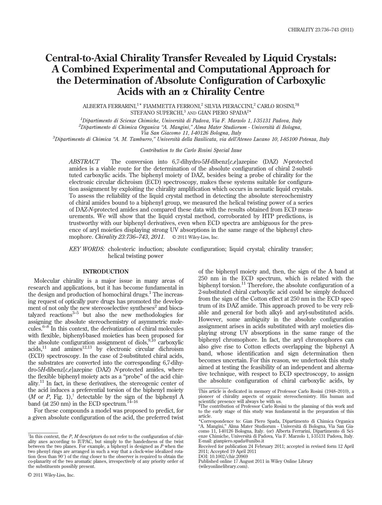 Centraltoaxial chirality transfer revealed by liquid crystals: A combined experimental and computational approach for the determination of absolute configuration of carboxylic acid by Unknown