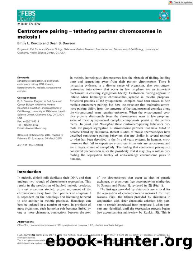 Centromere pairing â tethering partner chromosomes in meiosis I by Unknown