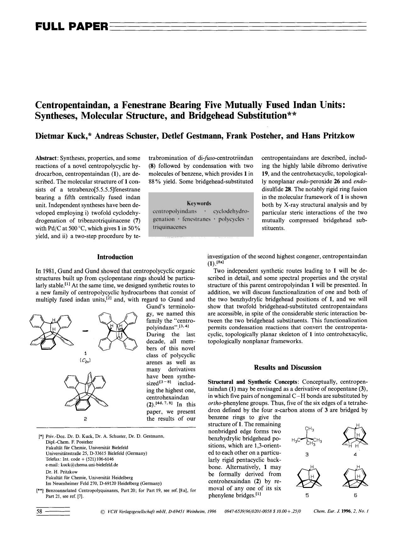 Centropentaindan, a Fenestrane Bearing Five Mutually Fused Indan Units: Syntheses, Molecular Structure, and Bridgehead Substitution by Unknown