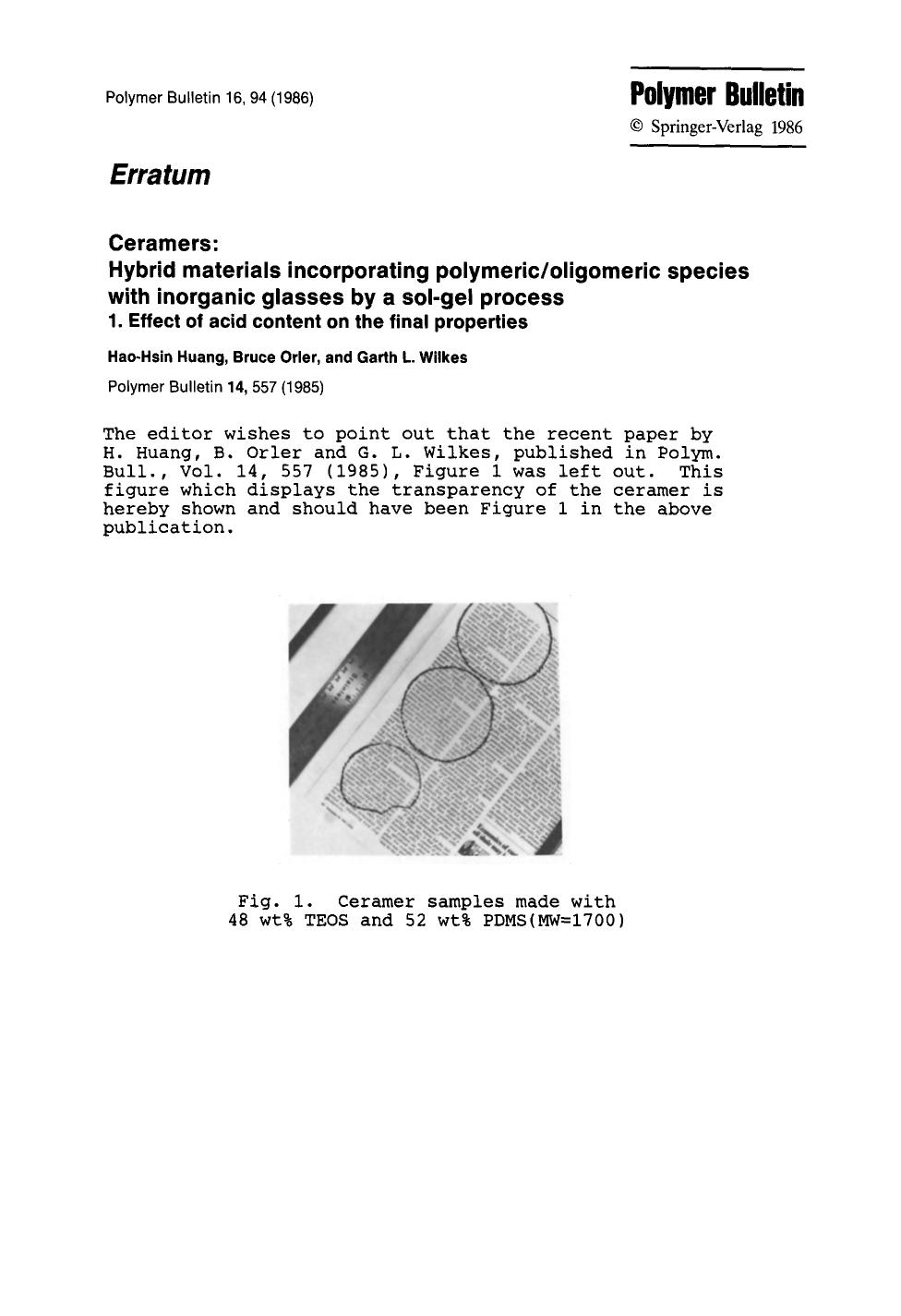 Ceramers: Hybrid materials incorporating polymericoligomeric species with inorganic glasses by a sol-gel process by Unknown