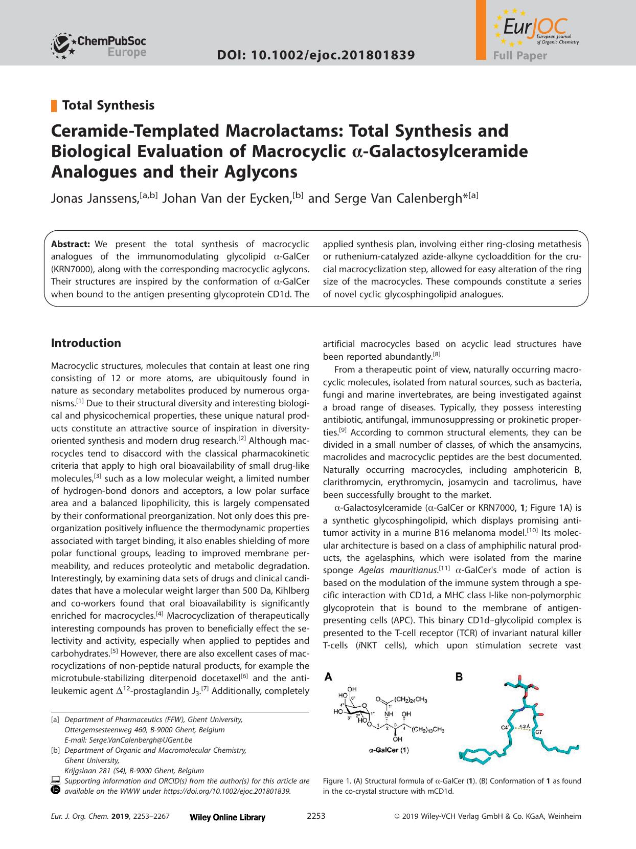 Ceramide‐Templated Macrolactams: Total Synthesis and Biological Evaluation of Macrocyclic α‐Galactosylceramide Analogues and their Aglycons by Unknown