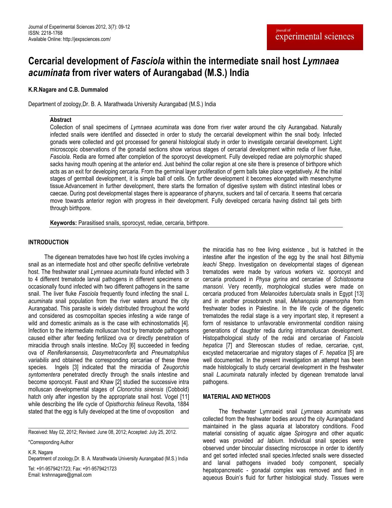 Cercarial development of Fasciola within the intermediate snail host Lymnaea acuminata from river waters of Aurangabad (M.S.) India by Nagare K.R. Dummalod C.B