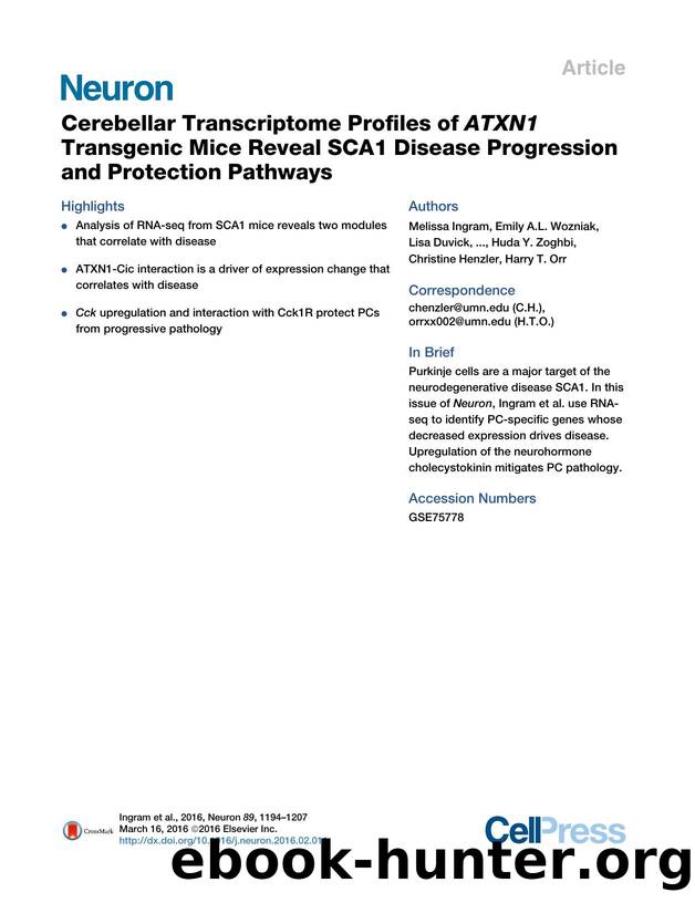 Cerebellar Transcriptome Profiles of ATXN1 Transgenic Mice Reveal SCA1 Disease Progression and Protection Pathways by unknow