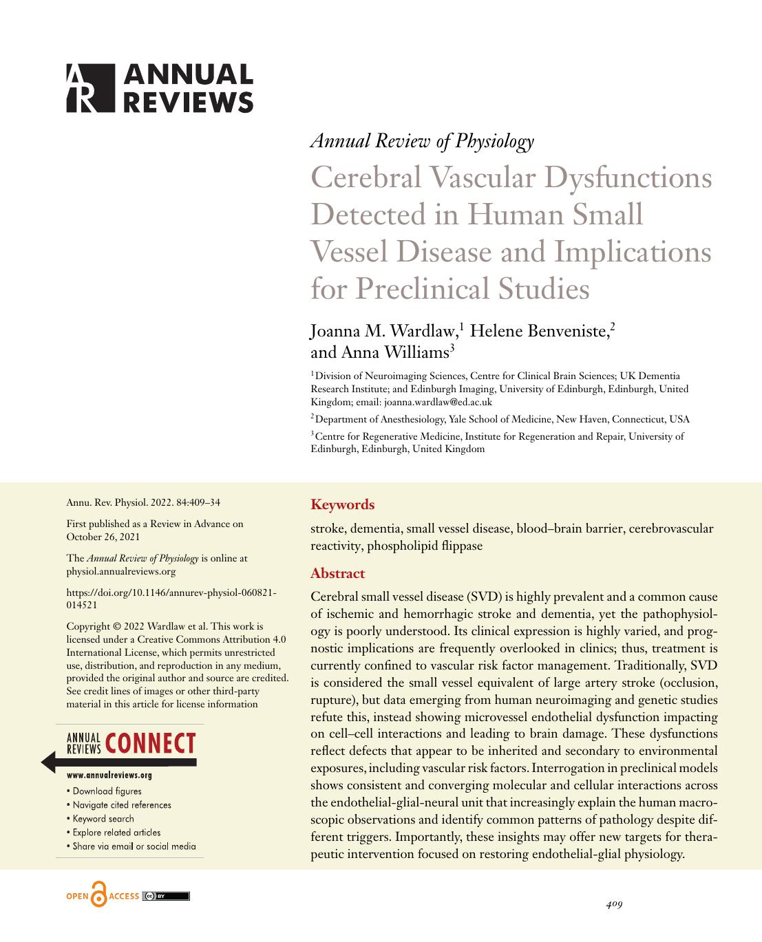 Cerebral Vascular Dysfunctions Detected in Human Small Vessel Disease and Implications for Preclinical Studies by Joanna M. Wardlaw Helene Benveniste Anna Williams