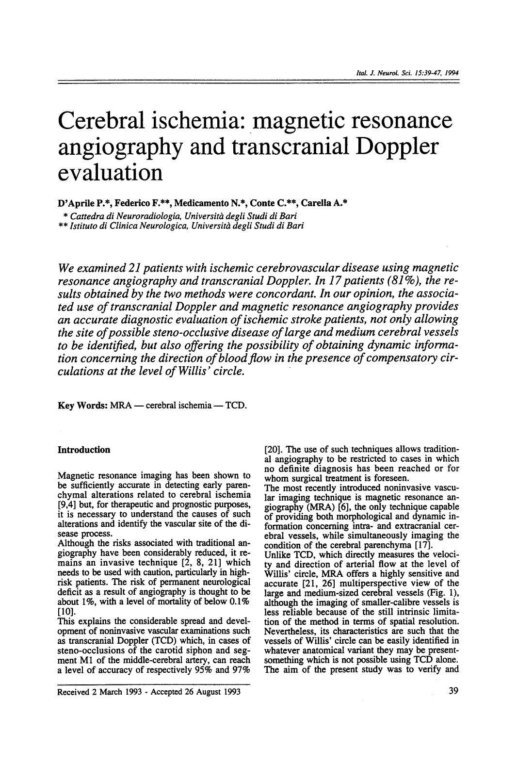 Cerebral ischemia: Magnetic resonance angiography and transcranial Doppler evaluation by Unknown