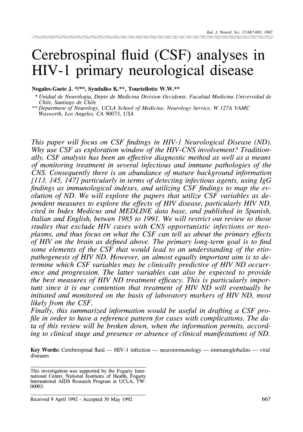 Cerebrospinal fluid (CSF) analyses in HIV-1 primary neurological disease by Unknown