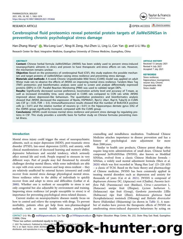 Cerebrospinal fluid proteomics reveal potential protein targets of JiaWeiSiNiSan in preventing chronic psychological stress damage by Wang Han-Zhang & Luo Wu-Long & Zeng Ning-Xi & Li Hui-Zhen & Li Ling & Yan Can & Wu Li-Li