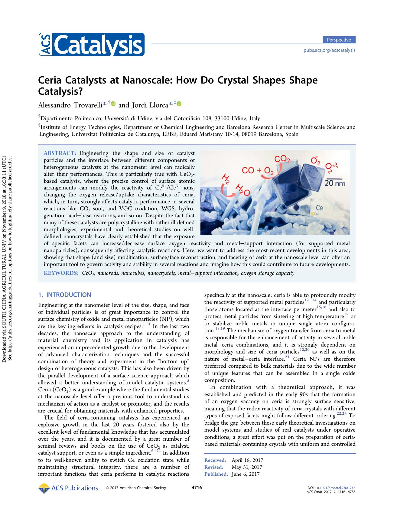 Ceria Catalysts at Nanoscale: How Do Crystal Shapes Shape Catalysis? by Alessandro Trovarelli & Jordi Llorca