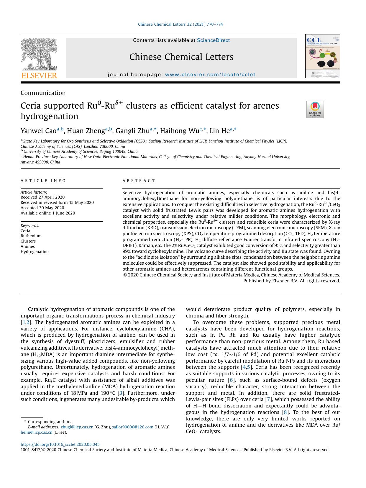 Ceria supported Ru0-Ru+ clusters as efficient catalyst for arenes hydrogenation by Yanwei Cao & Huan Zheng & Gangli Zhu & Haihong Wu & Lin He