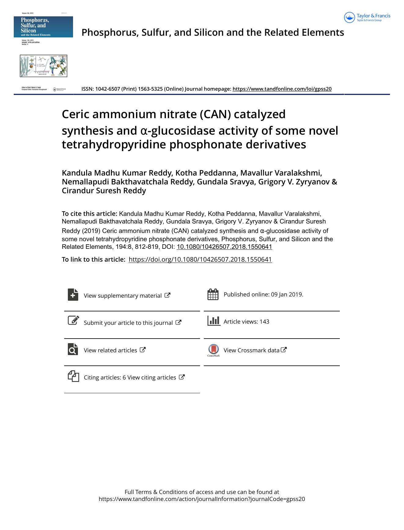Ceric ammonium nitrate (CAN) catalyzed synthesis and Î±-glucosidase activity of some novel tetrahydropyridine phosphonate derivatives by unknow