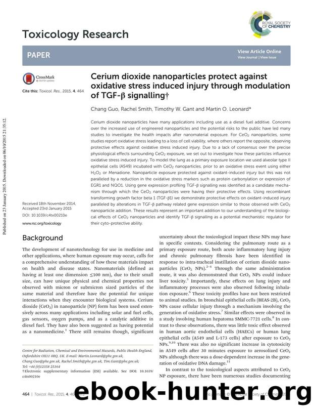Cerium dioxide nanoparticles protect against oxidative stress induced injury through modulation of TGF-Î² signalling by Chang Guo Rachel Smith Timothy W. Gant Martin O. Leonard