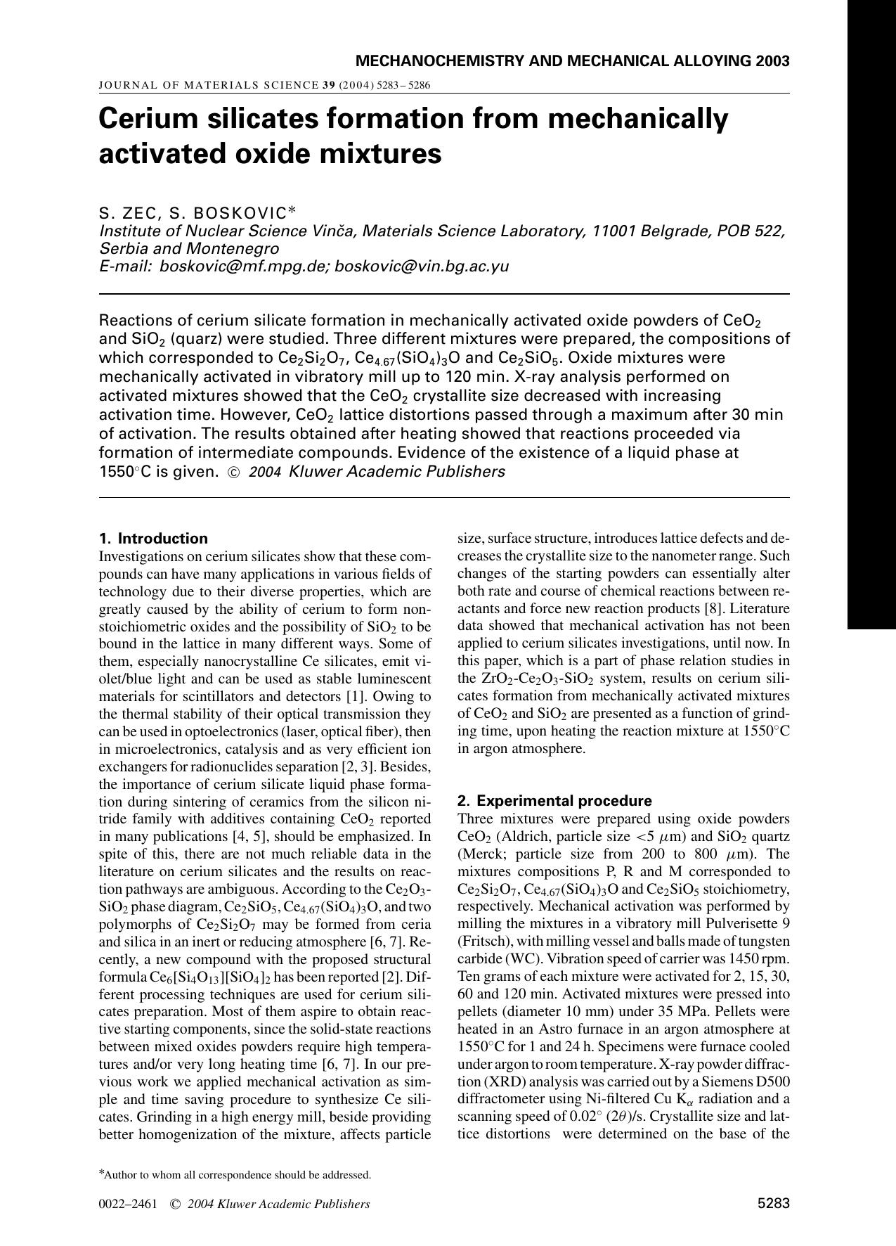 Cerium silicates formation from mechanically activated oxide mixtures by Unknown