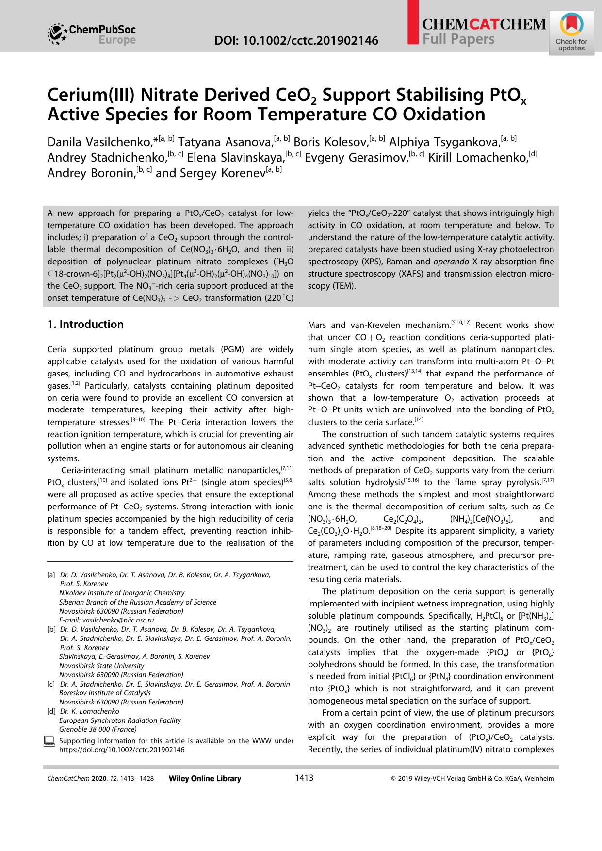Cerium(III) Nitrate Derived CeO2 Support Stabilising PtOx Active Species for Room Temperature CO Oxidation by Unknown