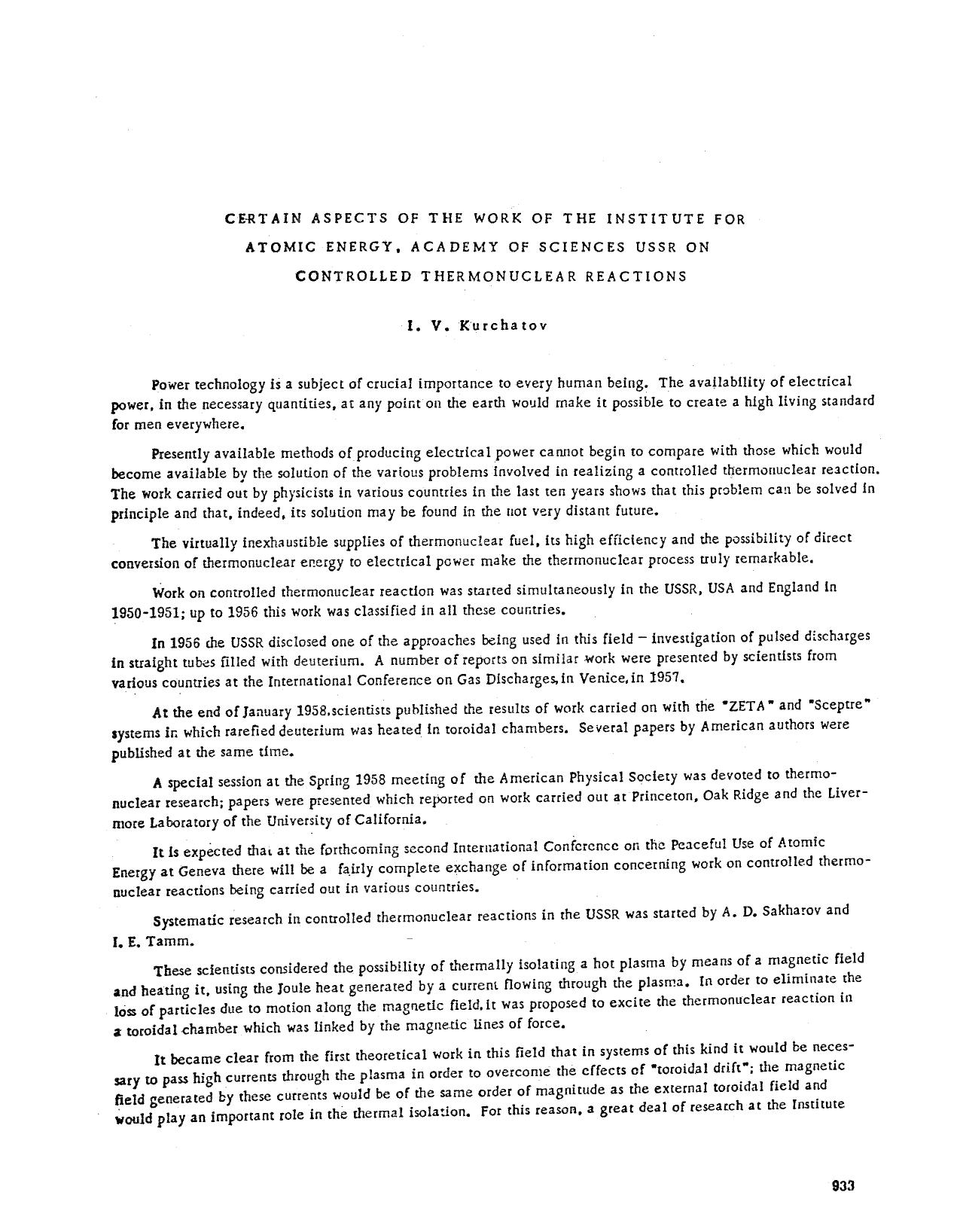 Certain aspects of the work of the institute for atomic energy, academy of sciences USSR on controlled thermonuclear reactions by Unknown