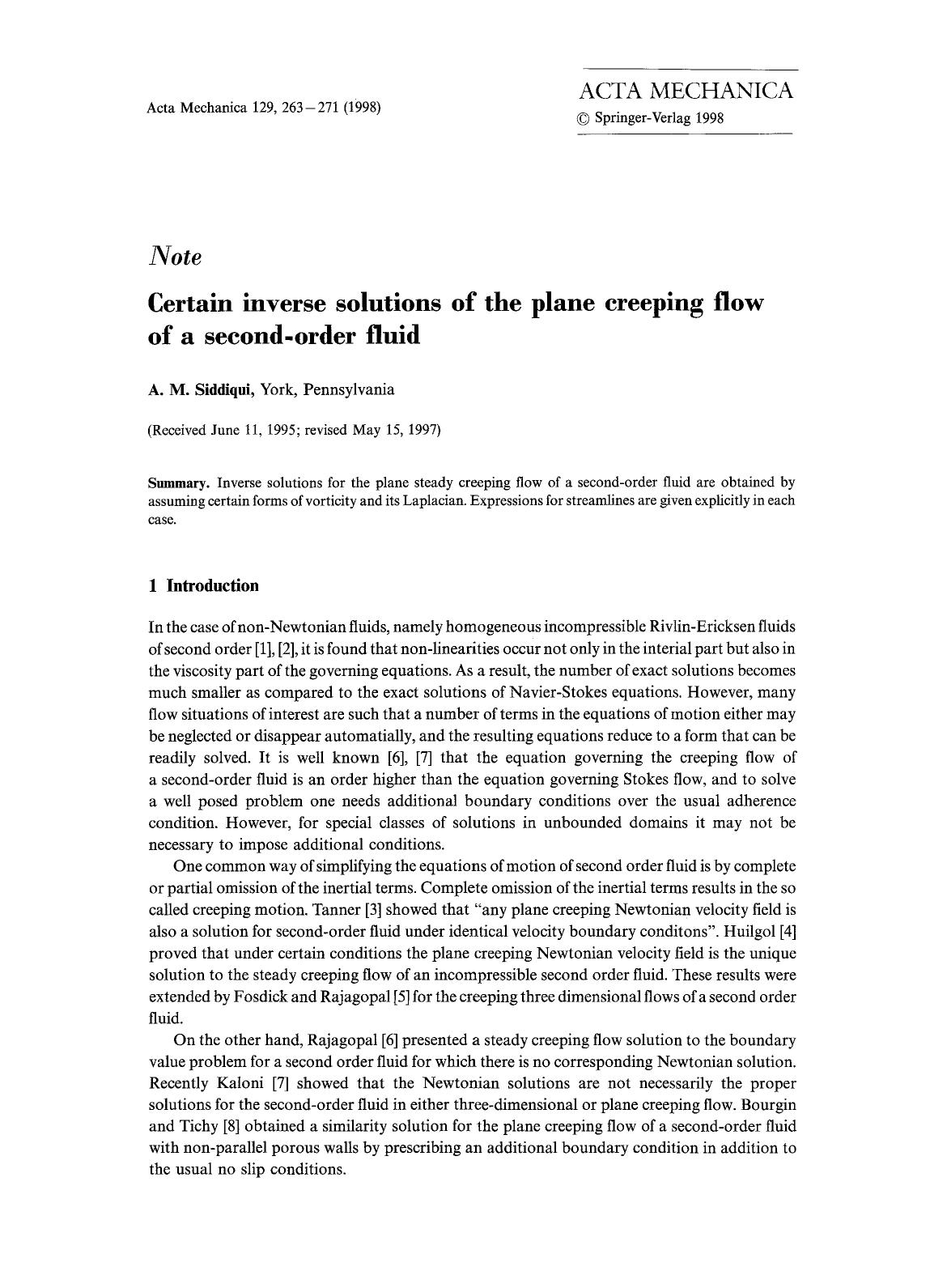 Certain inverse solutions of the plane creeping flow of a second-order fluid by Unknown