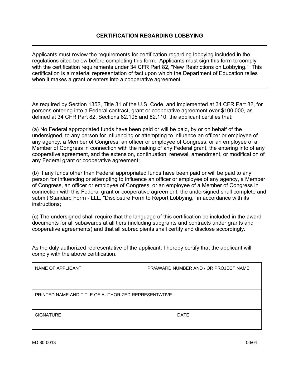 Certification Regarding Lobbying, ED Form 80-0013 (PDF) by Grants Policy & Oversight Staff