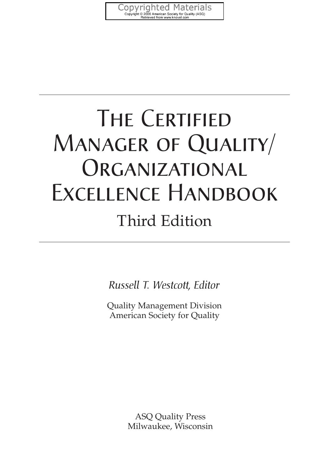 Certified Manager of Quality/Organizational Excellence Handbook by Westcott Russell T. (Eds.)